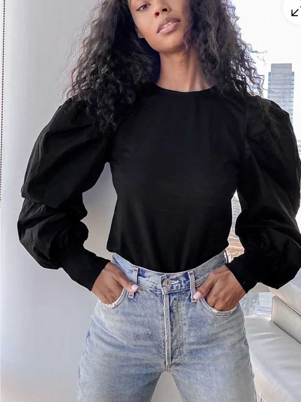 New Look Black Puff-Sleeve Long Sleeve Top Size Small